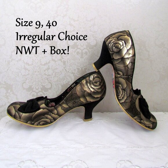 IRREGULAR CHOICE RAZZLE DAZZLE SHOES, 40, 9, GOLD & BLACK ROSES, GORGEOUS ,w BOX - Picture 1 of 12